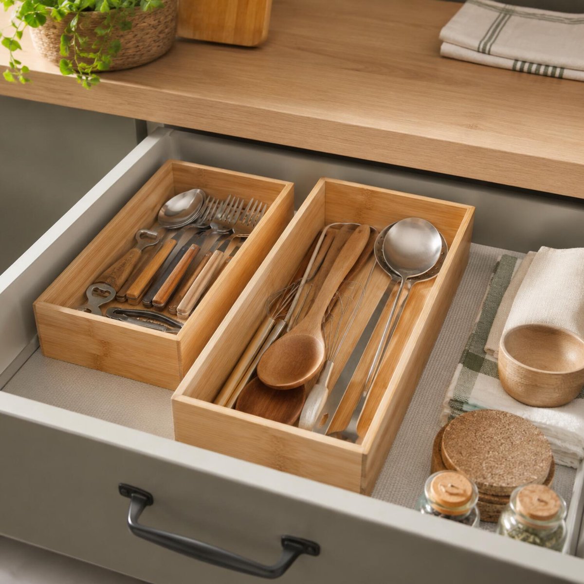 Kinvara Bestekbak/keuken organizer - 1-vaks - Tidy Smart - bamboe hout - 23 x 15 x 7 cm