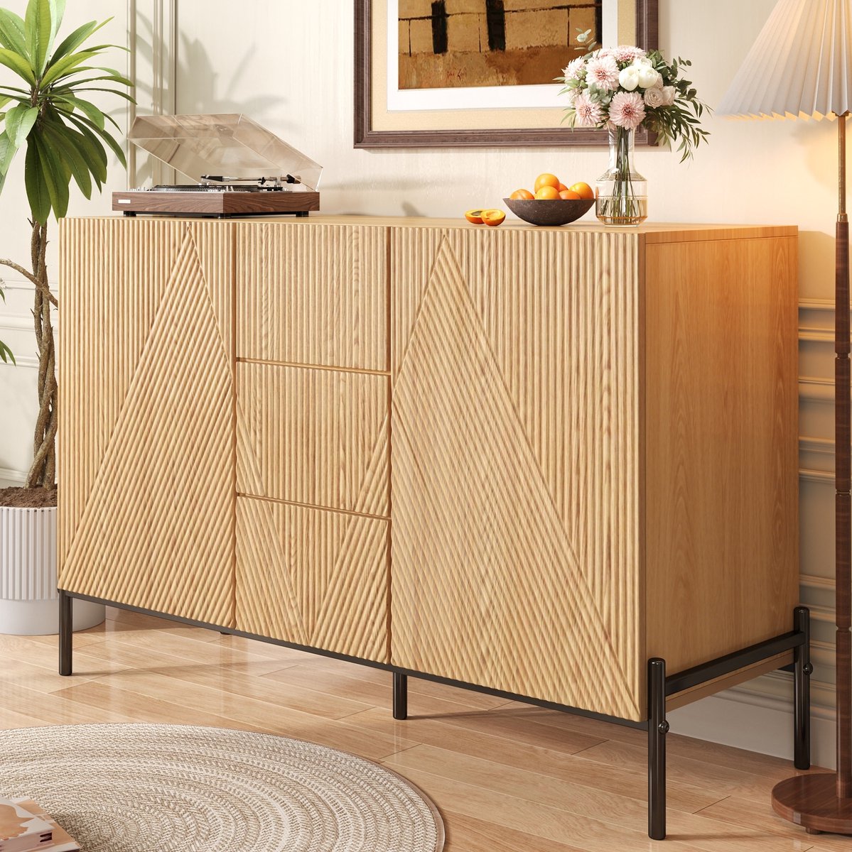 MEUNIQ dressoir 115,5 x 40 x 76 cm met geometrische deuren en middenlade, opbergkast voor woonkamer, eetkamer of hal, naturel Natural