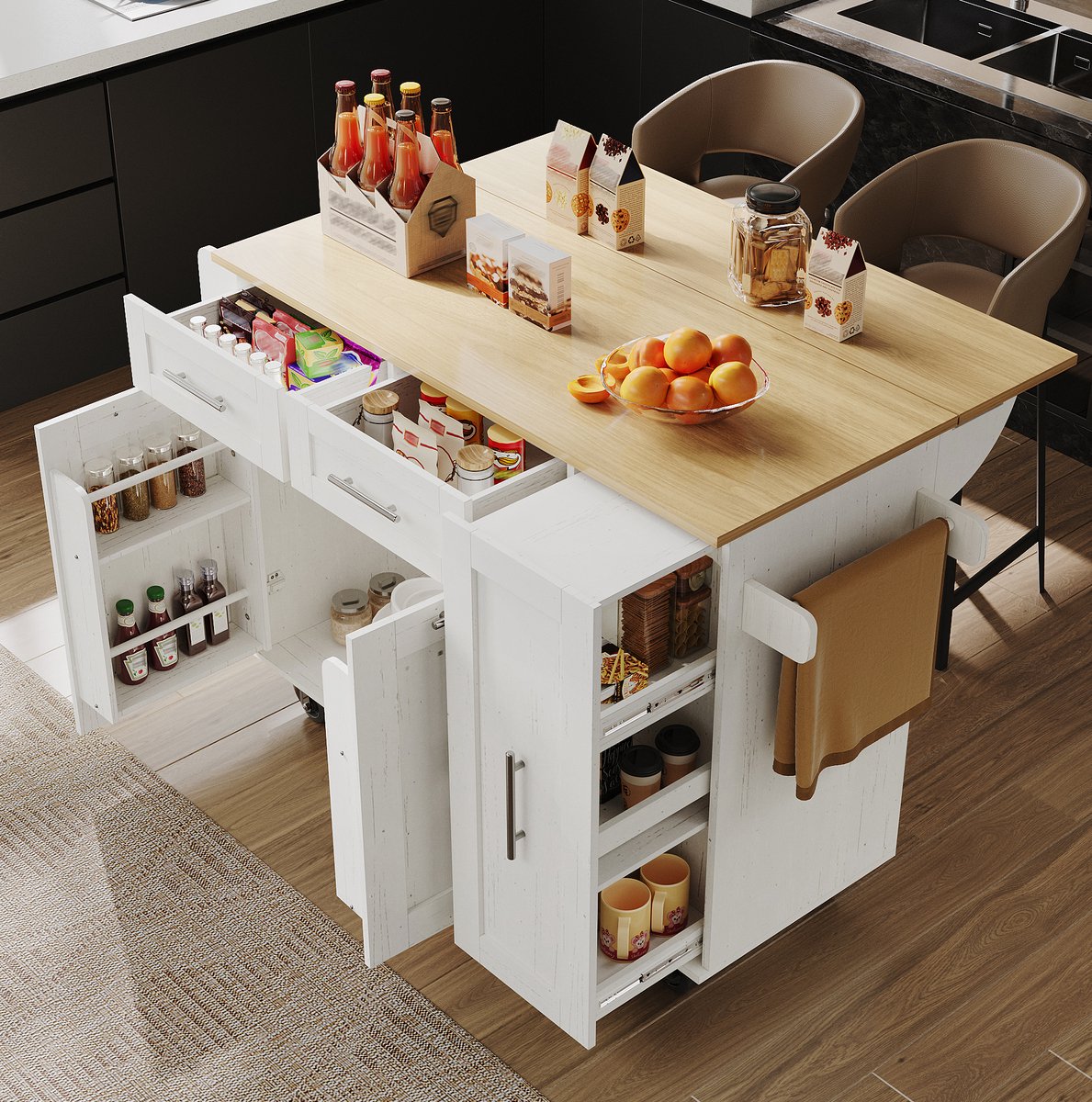MEUNIQ keukenisland en keukentrolley 110 x 46 x 90,5 cm met opklapbaar tafelblad, opbergruimte en wielen, eettafel voor keuken of eetruimte, wit