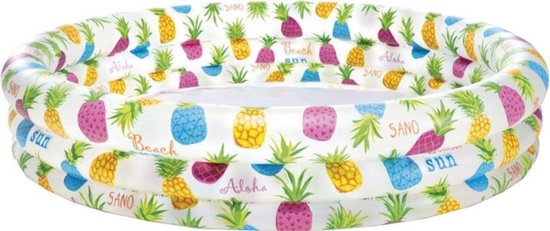 Opblaasbaar zwembad met witte ondergrond en veelkleurige ananassen en tekst zoals 'Aloha' en 'Sun'.