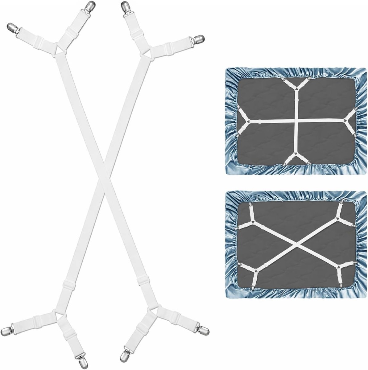 Bedlakenspanners - Nylon/Wit - Verstelbare Elastische Lakenhouder - Metalen Clips - Voor Diverse Bedden