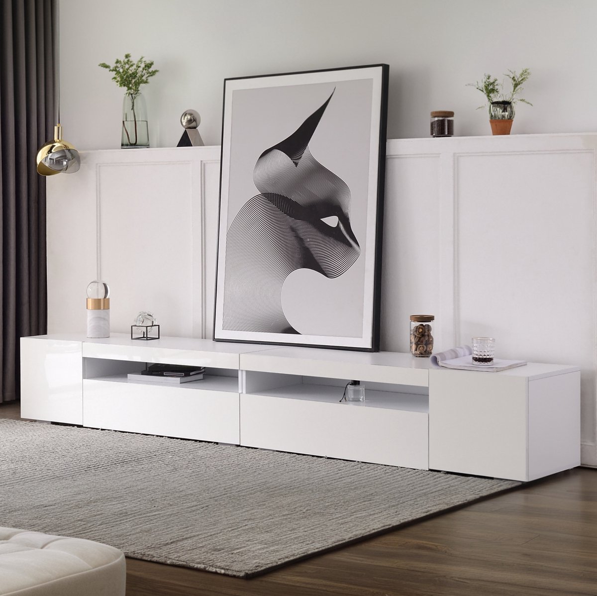 MEUNIQ TV-meubel 240 x 38,5 x 35,5 cm met variabele LED-verlichting en open opbergvak, modern laag model voor woonkamer of eetkamer, wit