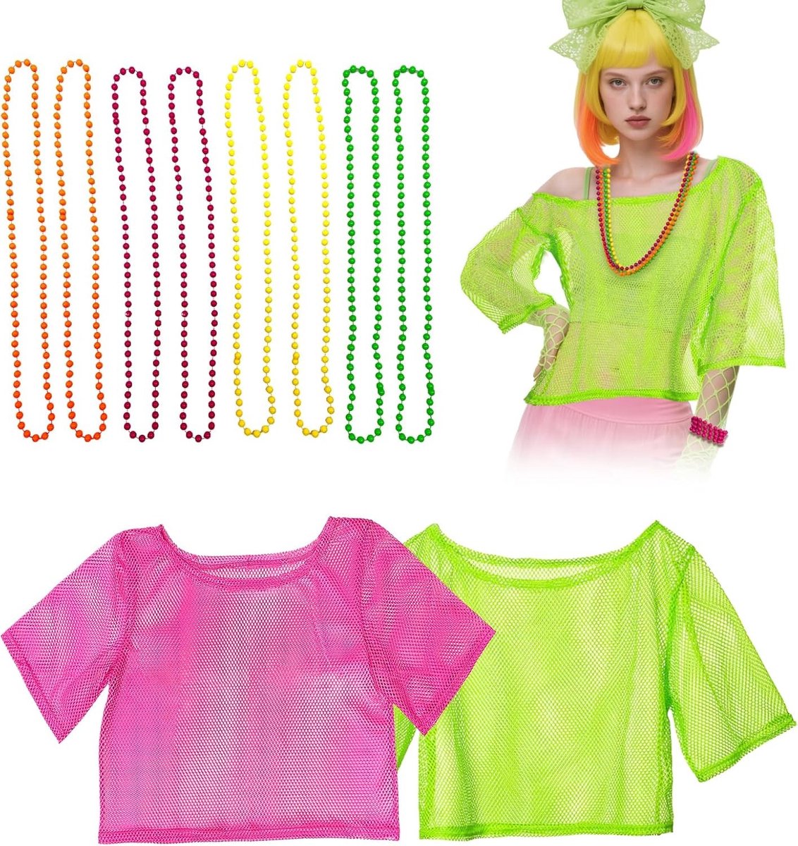 80s Neon Accessoire Set met 10 Stuks voor Feestkleding, Retro T-shirt en Halloween Kostuum, Perfect voor Disco en Carnaval