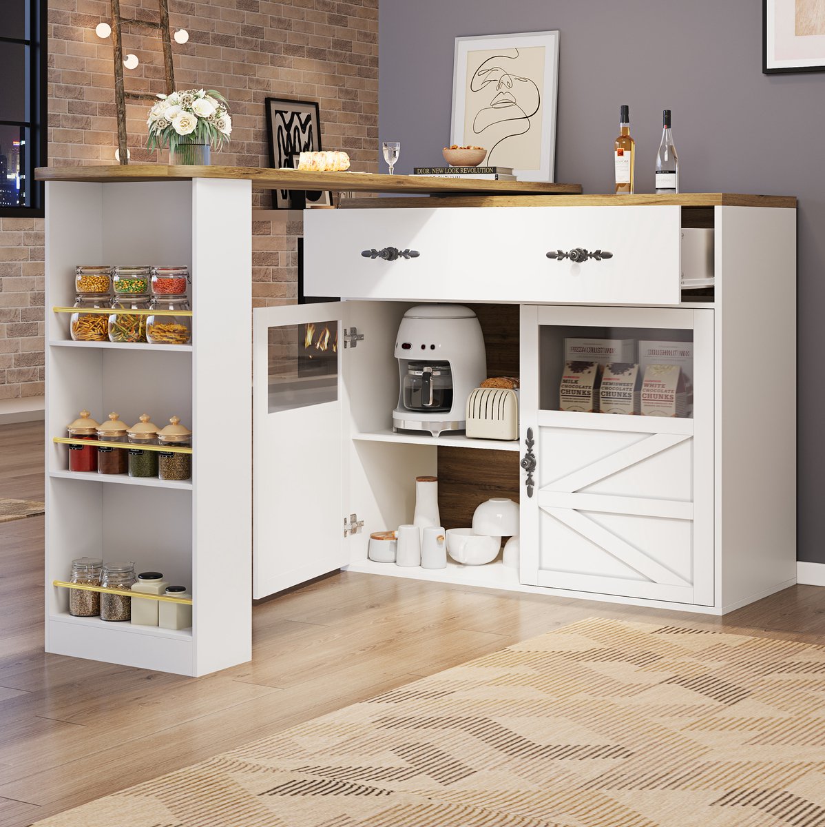 MEUNIQ uitschuifbare bartafel 138-204 x 39 x 104 cm met 360° draaifunctie, lade, zijrek en opbergruimte, bartafel voor keuken, eetruimte of thuiswerkplek, wit