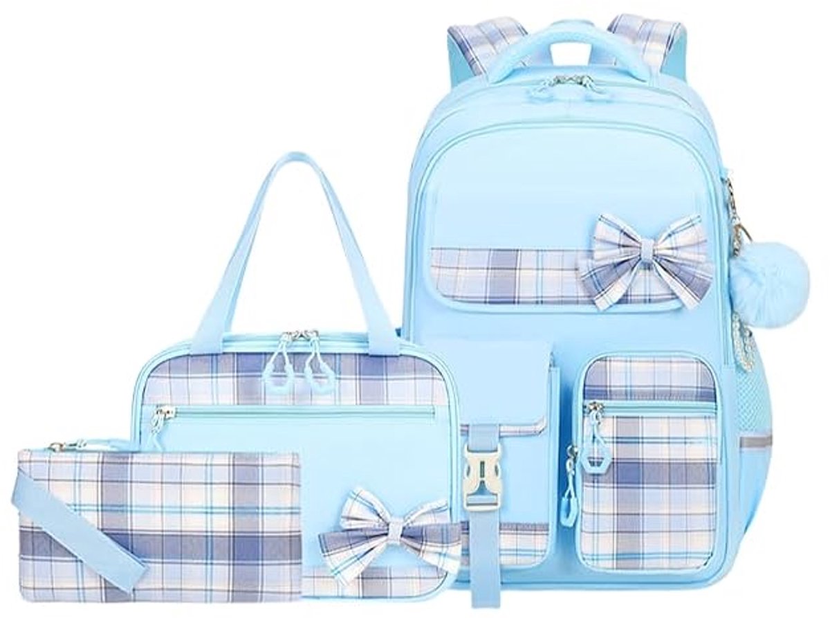 LISM-Rugzak voor meisjes, schattig ruitpatroon, grote waterdichte rugzak, 3-delige laptoprugzakset (blauw)
