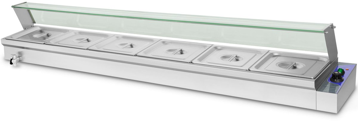 VERTES Gerechtenverwarmer Buffetverwarmer Warmhoudbak voor gerechten Elektrisch 1800 W van roestvrij staal (incl. 6 x 1/2 GN-bakken met deksel voor 6 x 6 l, aftapkraan, glazen afdekking, bain-marie, 50-200 °C)