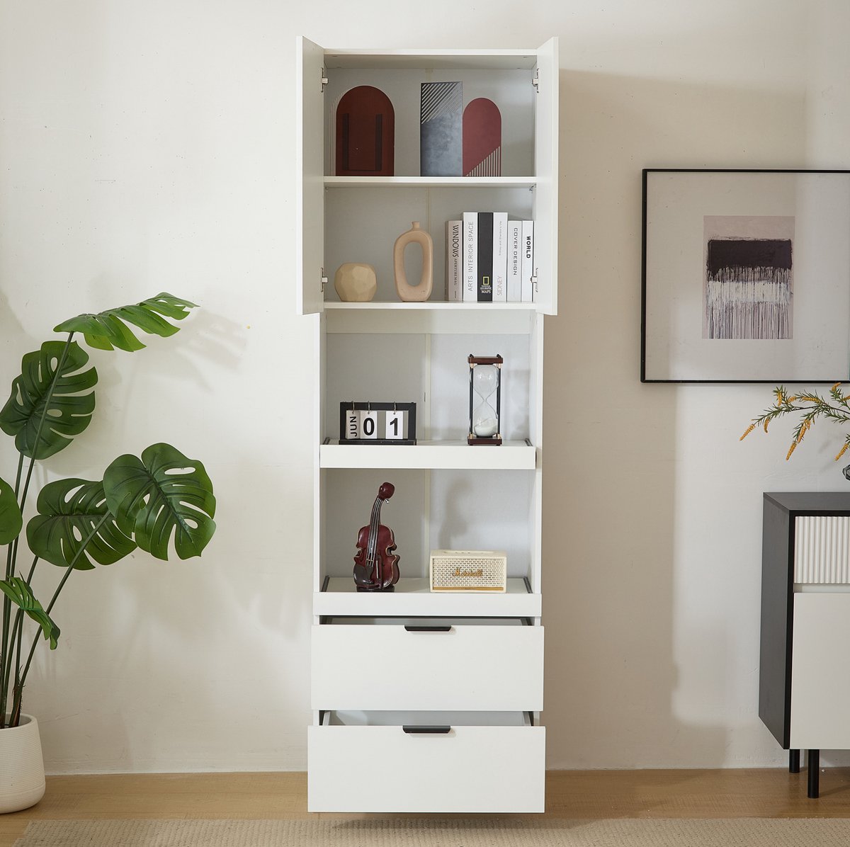MEUNIQ Keukenkast 59,5 x 45 x 200 cm met 1 deur, 2 lades en 2 open vakken, hoge opbergkast met microgolfovenrek en anti-kantelbeveiliging voor keuken, eetkamer of woonkamer, wit