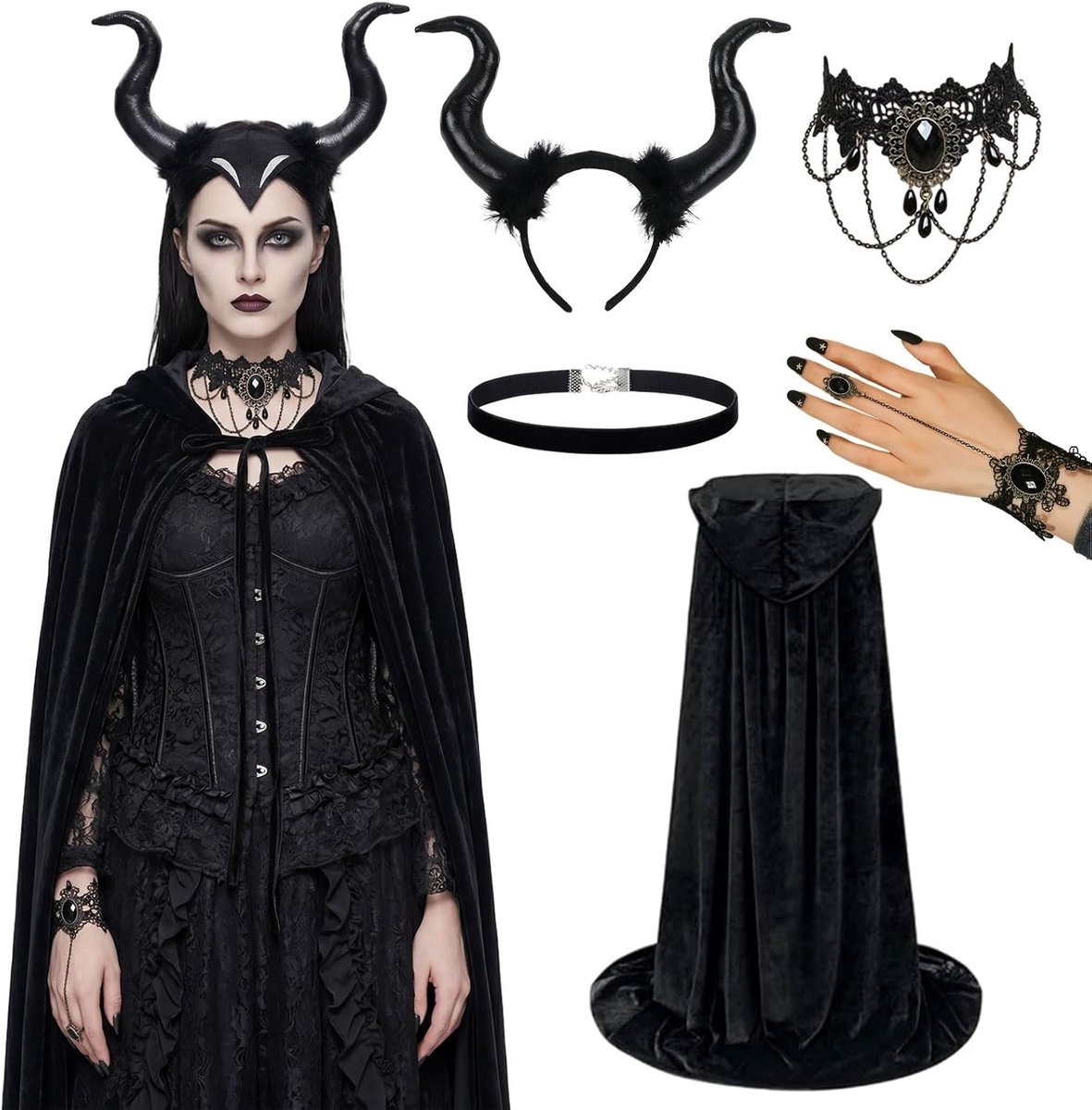 Maleficent Kostuum voor Vrouwen met Rogue Hoorns - Duistere Koningin en Vampier Outfit voor Carnaval en Cosplay Feesten