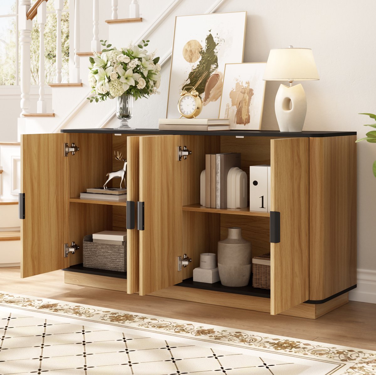 MEUNIQ dressoir 139 x 40 x 75 cm met 4 deuren, houtlook en verticale ribbelstructuur, opbergkast voor woonkamer, hal of eetkamer, naturel