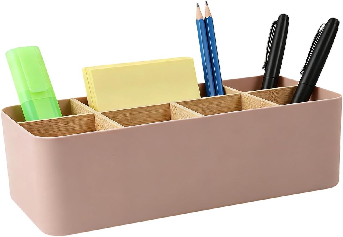 Bureau-organizer van bamboe met 8 vakken, multifunctionele pennenhouder en opbergdoos voor kantoor, afstandsbediening en cosmetica (roze)