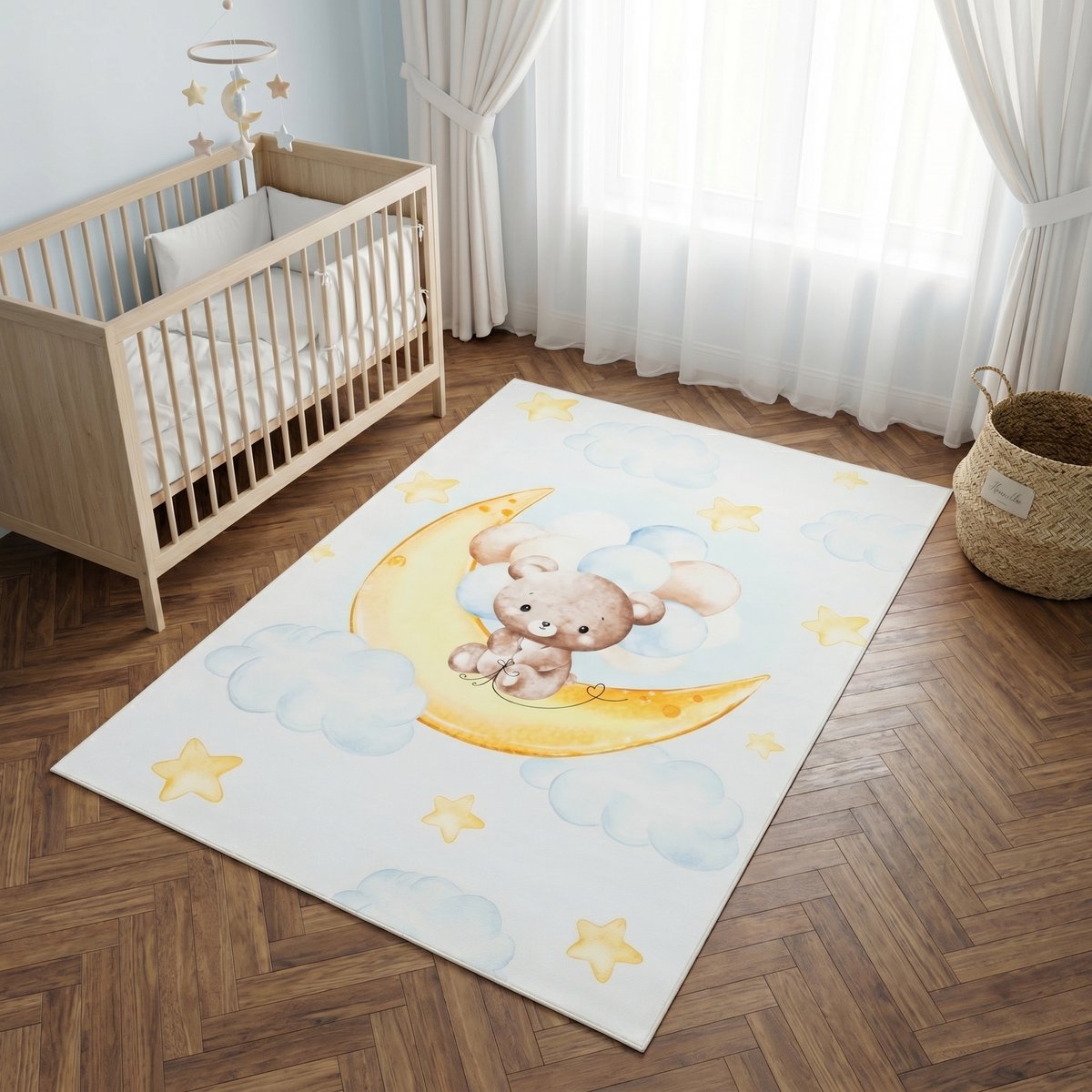 Tapiso Kids Kindervloerkleed Beer Maan Sterren – Zacht Babykamertapijt Crème Blauw Aquarel