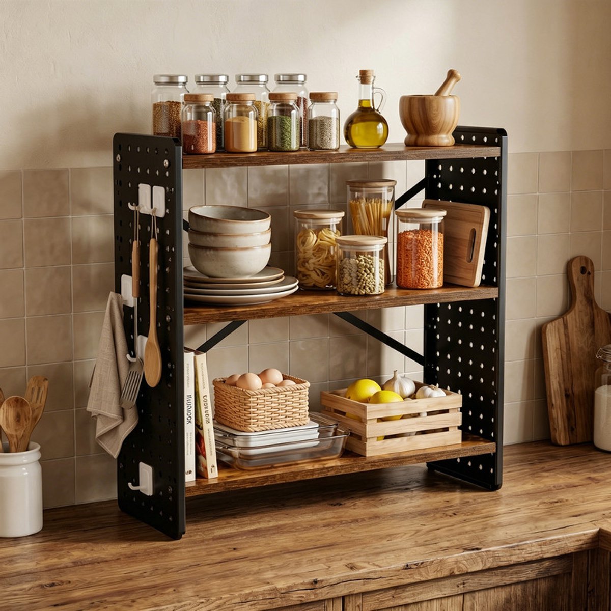 EGGREE Keukenrek met 3 niveaus voor op het aanrecht - kruidenrek met ABS-haken en opbergbakjes - tafelmodel rek voor keuken -eetkamer en kantoor - Zwart keukenrek - 60 × 20 × 60 cm