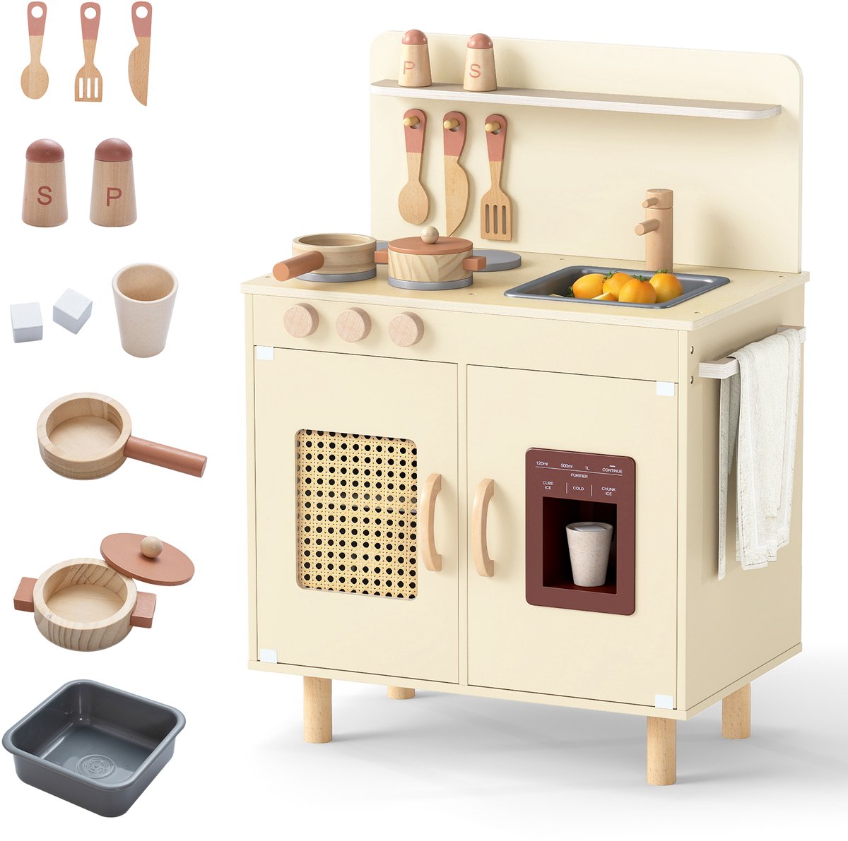 COSTWAY Kinderkeuken, Speelkeuken voor kinderen inclusief accessoires met fornuis, gootsteen & ijsmachine, Speelkeuken met opbergruimte, Houten keuken voor jongens & meisjes vanaf 2 jaar (Geel)
