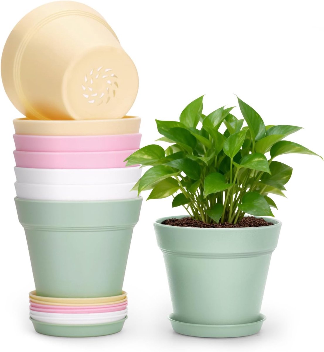 Kleurrijke Plastic Plant Potjes voor Binnen en Buiten, 10 cm, Met Afvoergaten en Schotels, Set van 8 Stuks voor Moderne Planten en Desk Decoratie