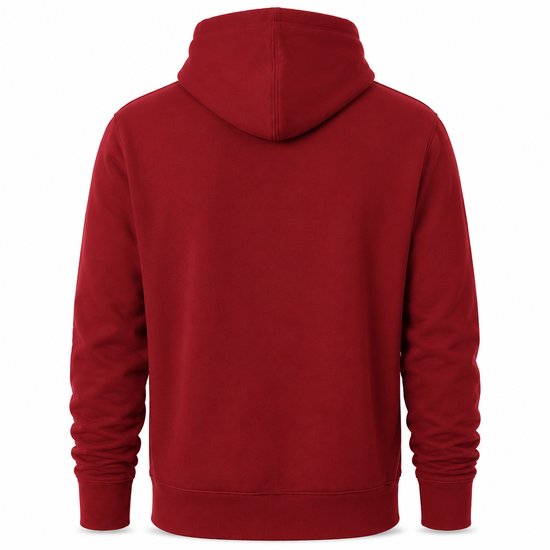 Achterkant van een effen rode hoodie met capuchon, op een witte achtergrond.
