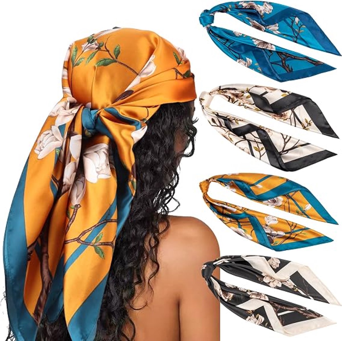 Claoner Satijnen hoofddoek - 4 stuks - 90x90cm - Vierkant zijden sjaal - Retro print - Strand accessoire - Vrouwen