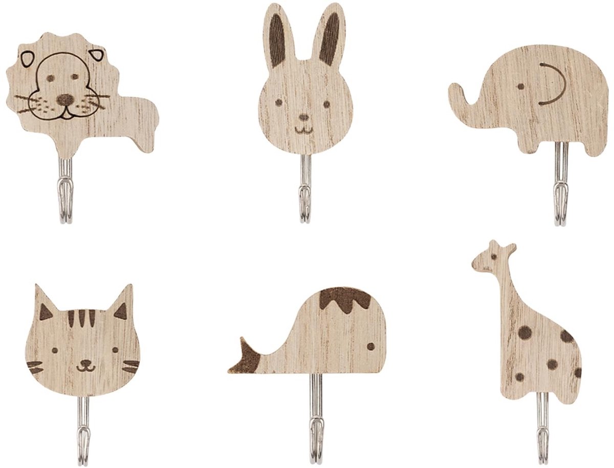 Solidchoice - Set van 6 Zelfklevende Houten Dierenhaken voor Kinderkamers