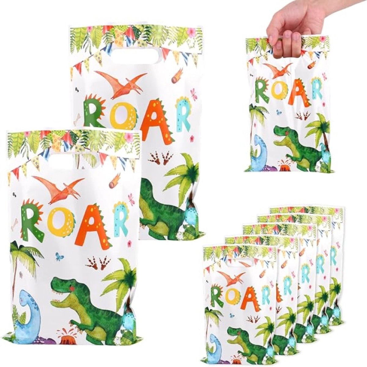 50 Dinosaurus Feest Cadeautasjes - Dino Thema Goodie Zakjes met Handvatten - 25x16,5 cm - voor Verjaardag, Kinderfeestje & Thema Feest