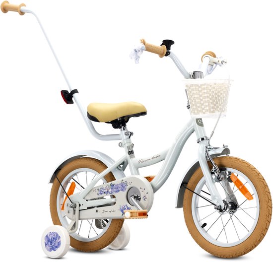 Flower Bike Fiets voor een meisje van 3 tot 5 jaar, 14 inch Baby blue, met fietsbel, zijwieltjes, duwstang en stuurmandje van Popal — afbeelding 3