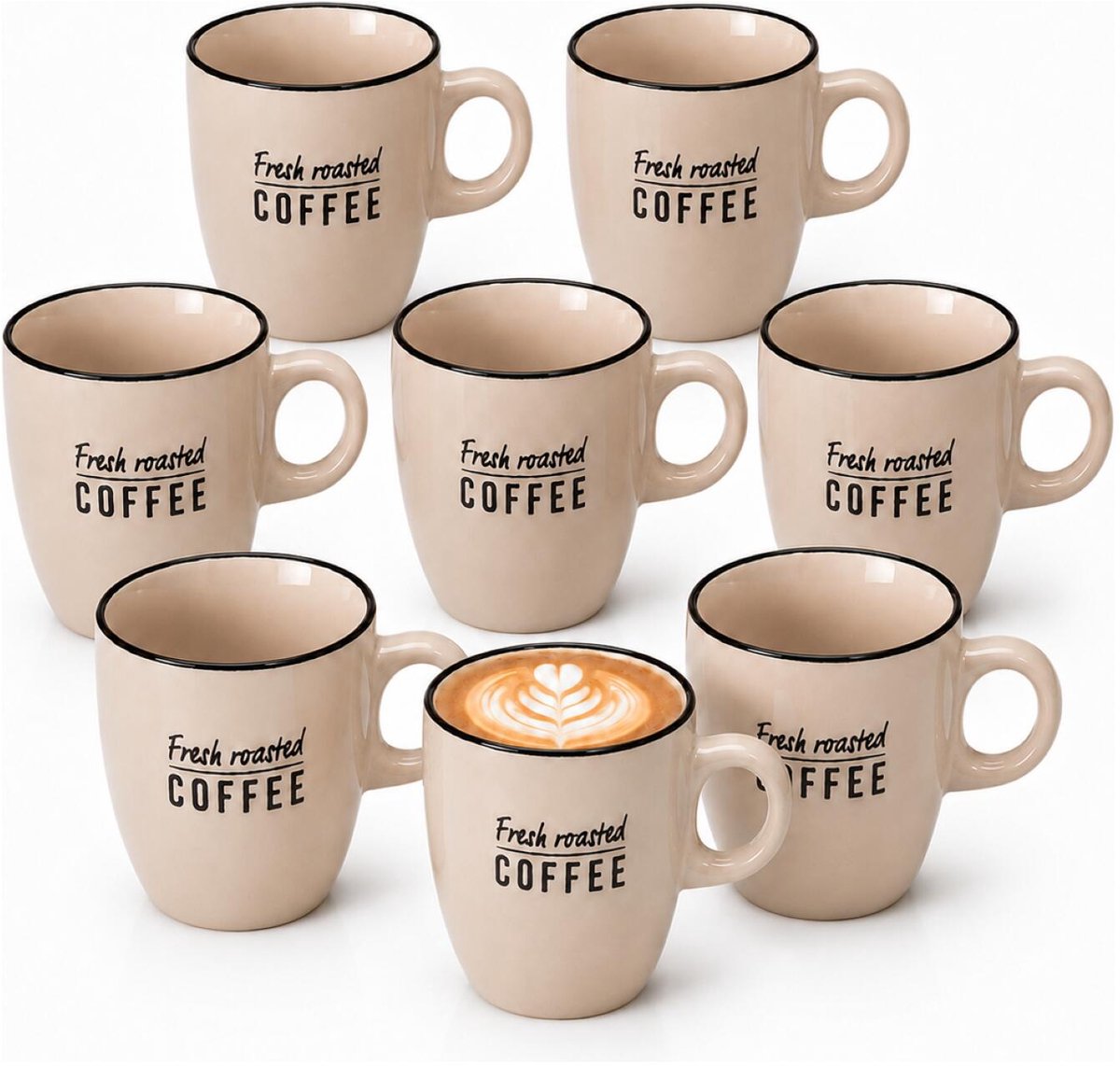 Siaki koffie kopjes Barista Cafe - 8x stuks - beige - 220 ml - mokken - keramiek - 10 cm - met koffie thema teksten
