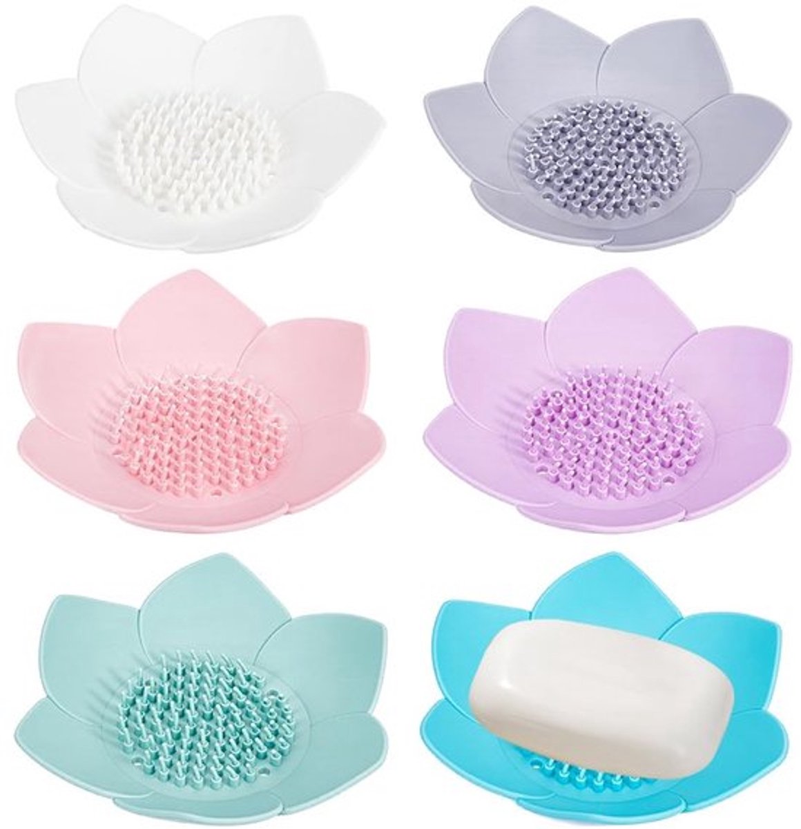 Zeepbakjes 6-delig - Siliconen - Antislip - Lotusbloemvorm - Zelfdrainerend - 4,5 inch breed, 5,3 inch lang - Zeepschaal