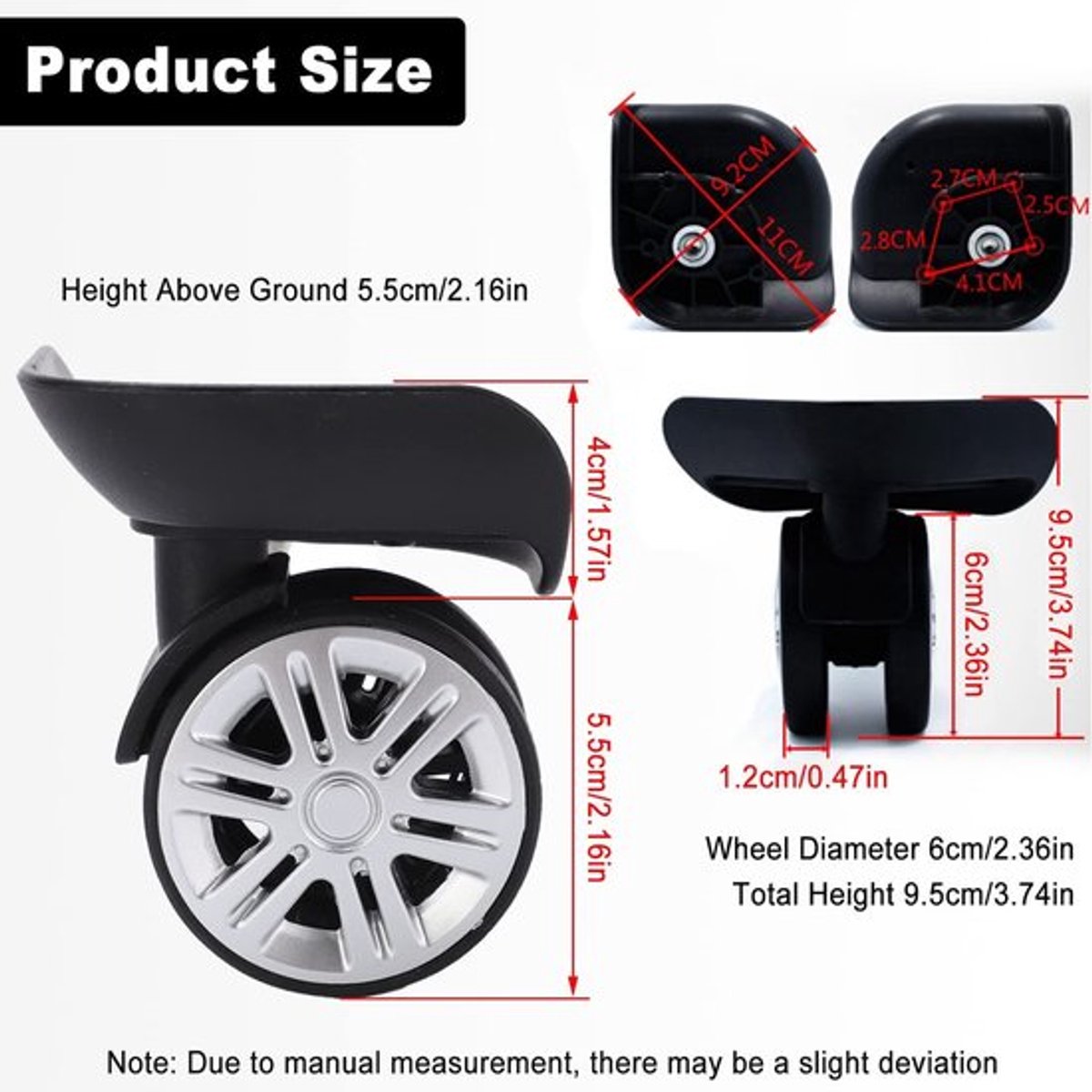 JHUBERS- Kofferwielen Vervangset - Zwenkwielen - Geschikt voor Koffers - Hoogte 9.5cm - Diameter 6cm - Eenvoudige Installatie - Bagagewielen