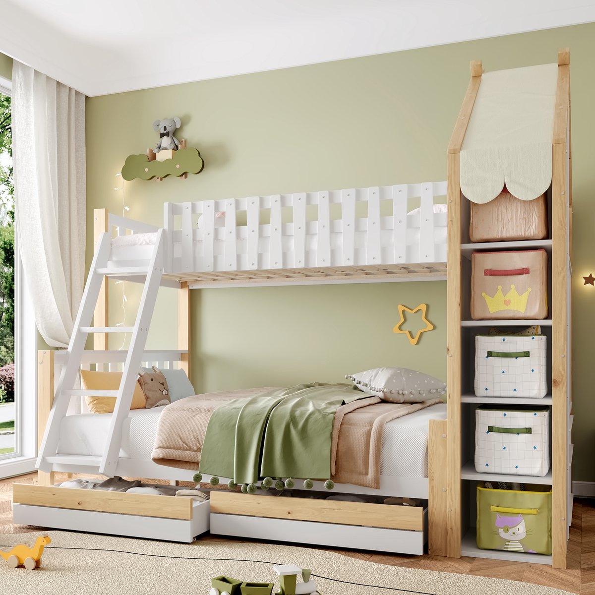 Stapelbed 90x200 cm - Met Opbergruimte - Met Lades - Met Ladder - Wit + Natuurlijk