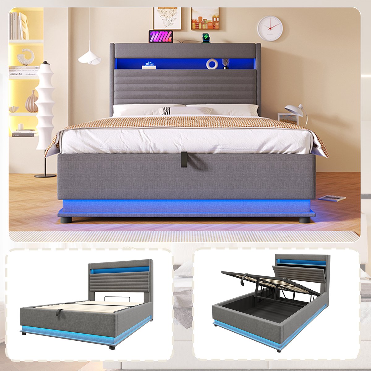 Gestoffeerd Bed 140x200 cm - Met LED-Verlichting - Met Opbergruimte - Met USB-Oplaadpunt - Grijs