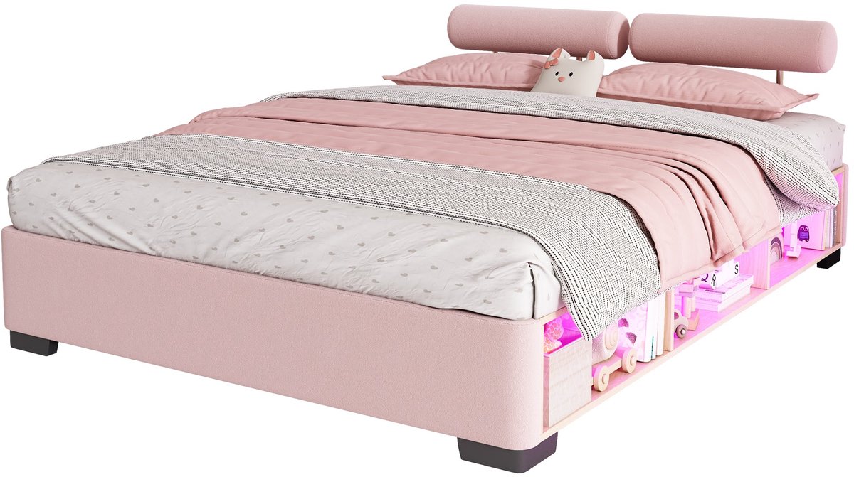 Merax Kinderbed 140x200 cm - Roze - Gestoffeerd Bed - LED Verlichting - Open Opbergruimte - Flexibele Hoofdsteunen