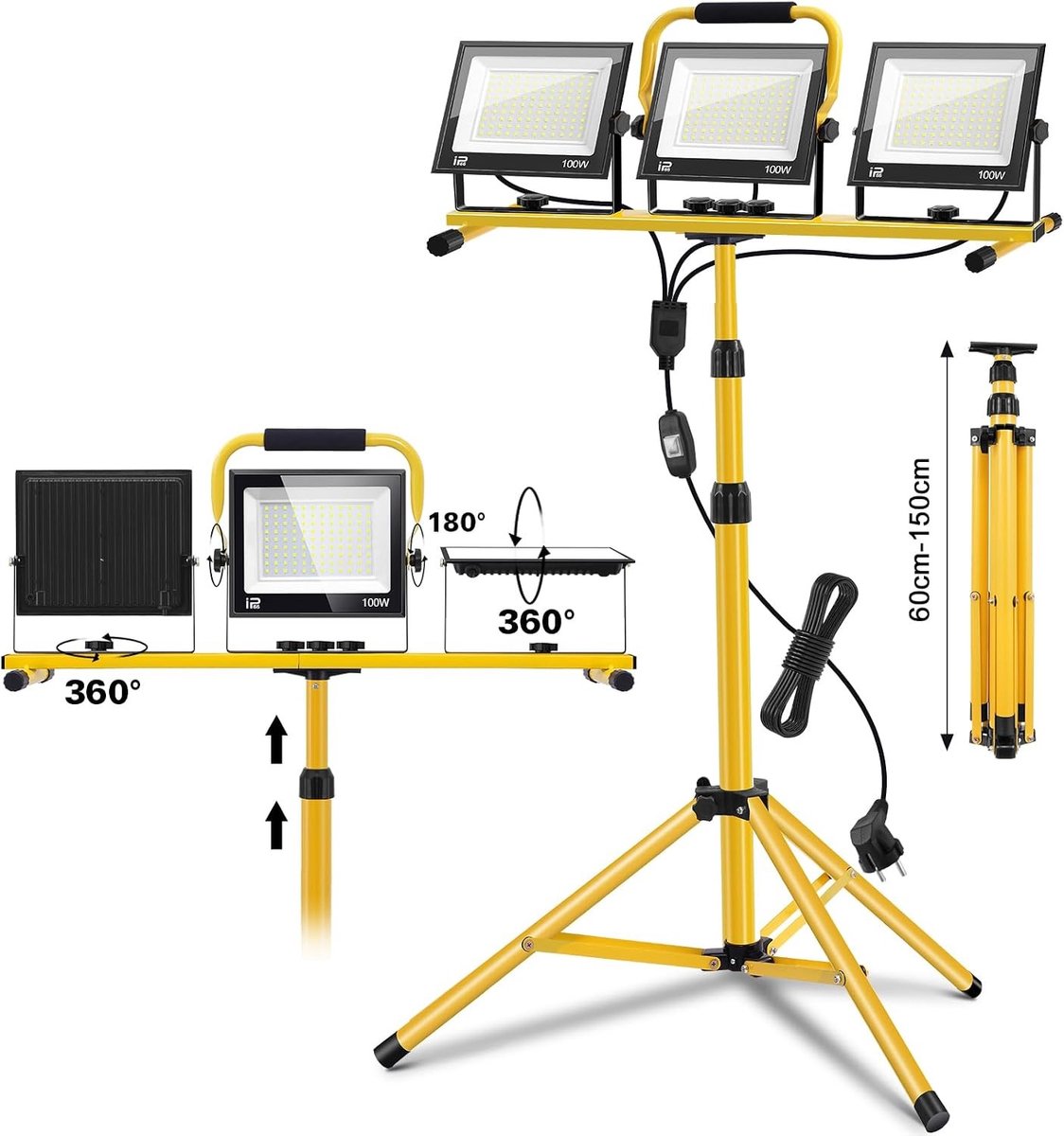 Led-bouwlamp met statief - Wit - 60-150 cm - Waterdicht en Draagbaar - Voor Bouwplaatsen en Buiten