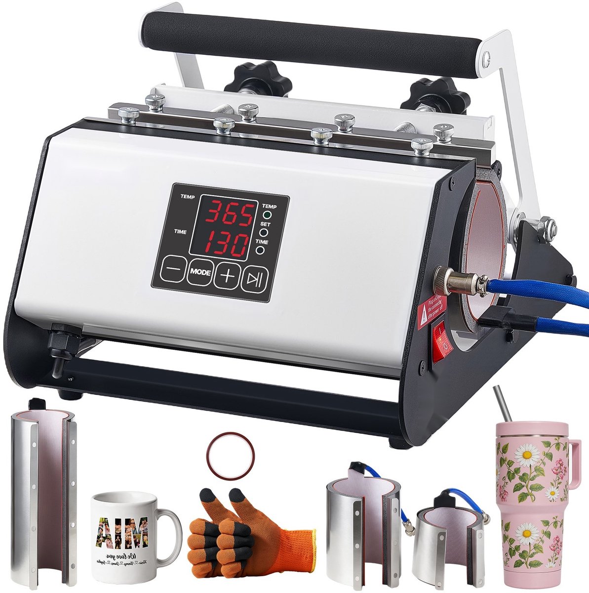 Mokkenpers - Bekerbedrukkingsmachine voor Sublimatie - Geschikt voor Mokken en Bekers - Inhoud 1183 ml - Instelbare Temperatuur en Tijd - Inclusief Plakband en Handschoenen - Wit