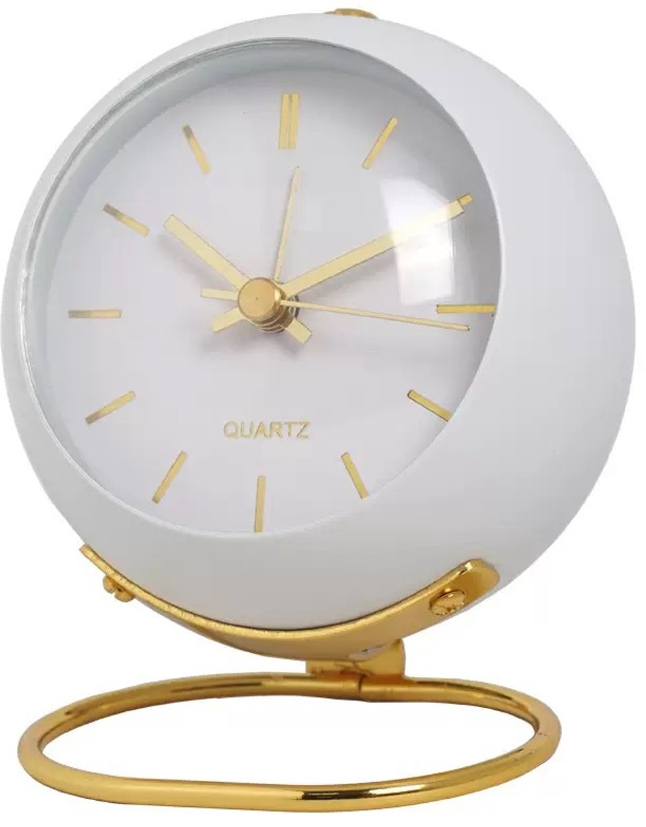 Analoge tafelwekker van 10,5 cm, kleine retro bureauklok met nachtlampje en luid alarm, stille staande klok voor slaapkamer en thuis（Wit）