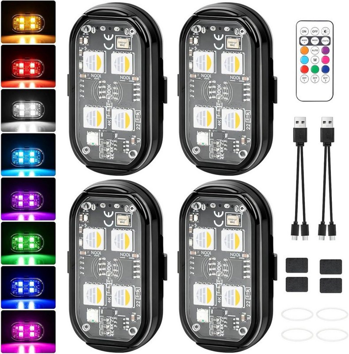 LED-zonnelampen, 4 stuks, 8 kleuren, stroboscoopdronelampen, met afstandsbediening.