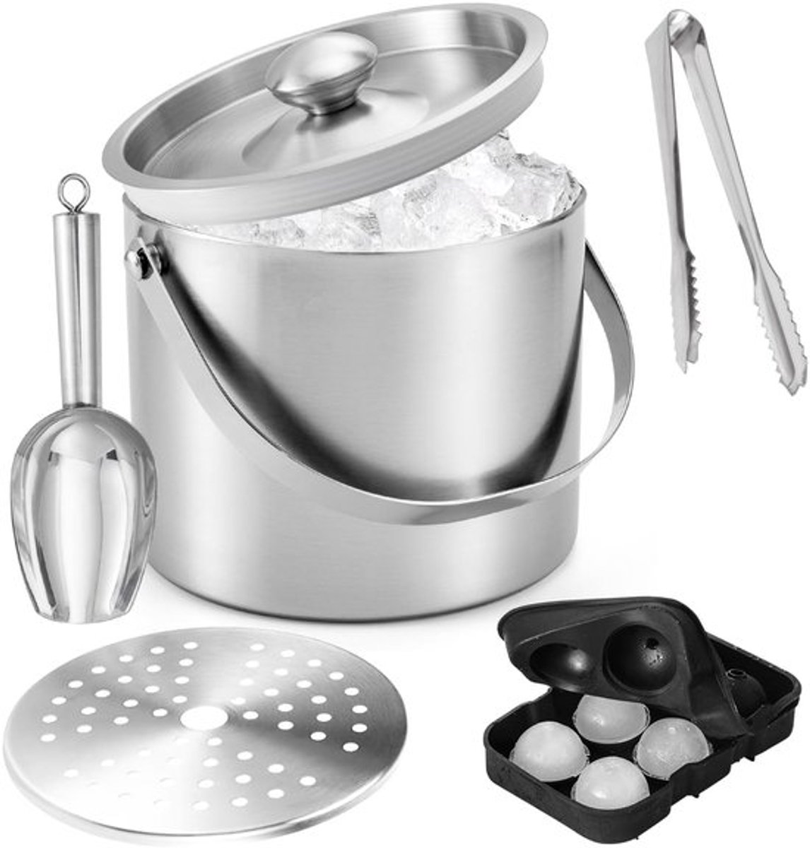 Ijsemmer 4 Liter Dubbelwandig - Roestvrij Staal - Set met Zeef/Ijstang/Ijsschep - Koelen van Drankjes - Hygiënische Opslag - Stevige Handgreep - Koelbox