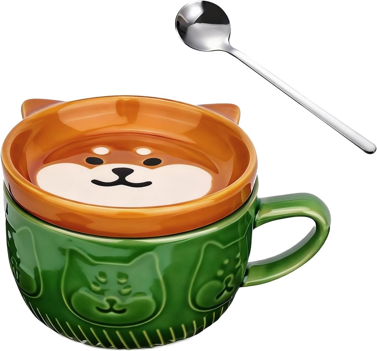 Keramische Koffiemok - Groen - 300 ml - Met Deksel en Roestvrijstalen Lepel - Voor Thee en Koffie