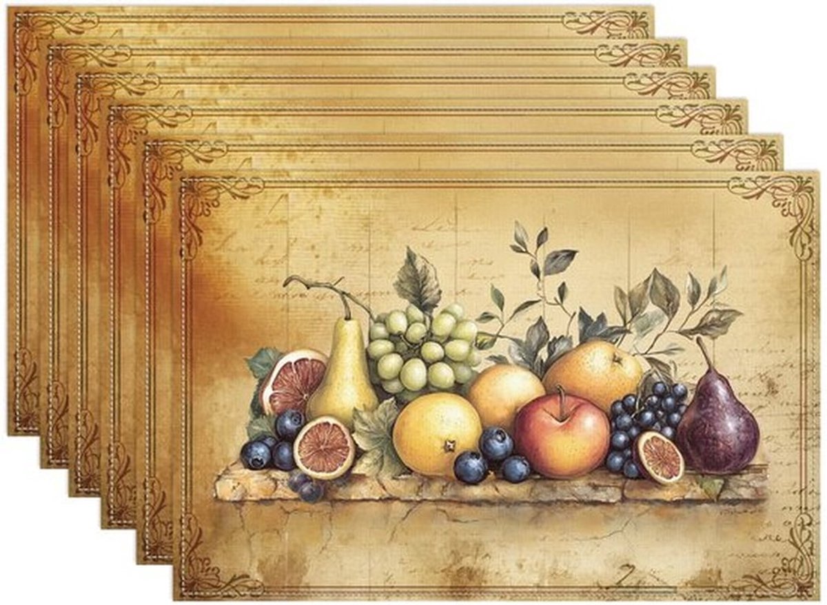 WADORN 6 Stks Verse Fruit Boerderij Placemats, 29 x 49 cm Vintage Fruit Oogst Tafelmatten voor Party Dining Decoratie Kleurrijke Wasbare Afveegbare Placemat Doek voor Thuis Keuken Eettafel