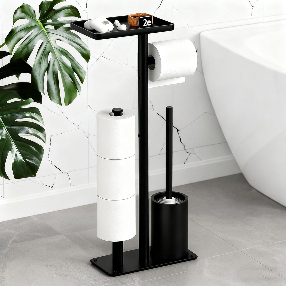 Vrijstaande Toiletpapierhouder Met Verborgen Borstel En Opbergplanken - Geschikt Voor 3 Rollen Antislipvoet Boren Niet Nodig - Modern Minimalistisch - Matzwart