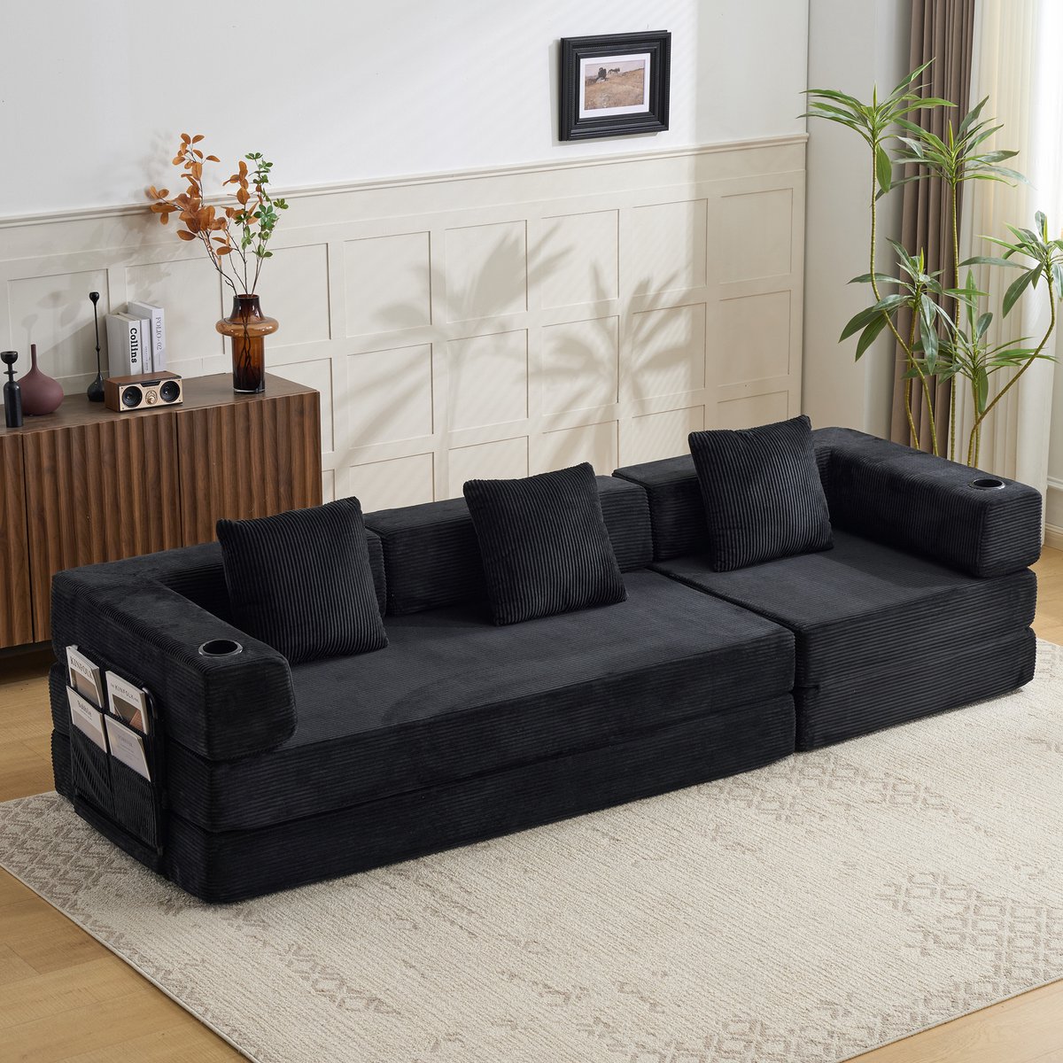 MIVRAY Slaapbank 277,5 x 92,5 x 60 Cm - Opvouwbaar Vloerbankbed Met Kussen, Armleuningen, Bekerhouder En Zijvak - Voor Woonkamer - Corduroy Zwart