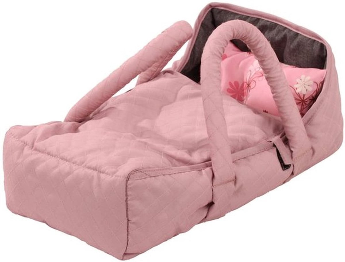 Poppendraagbed - Elegant roze-grijs - Voor babypoppen 27-36 cm - Inclusief kussen - Onderhoudsvriendelijk materiaal - Veilig en stijlvol slapen - Poppenbed