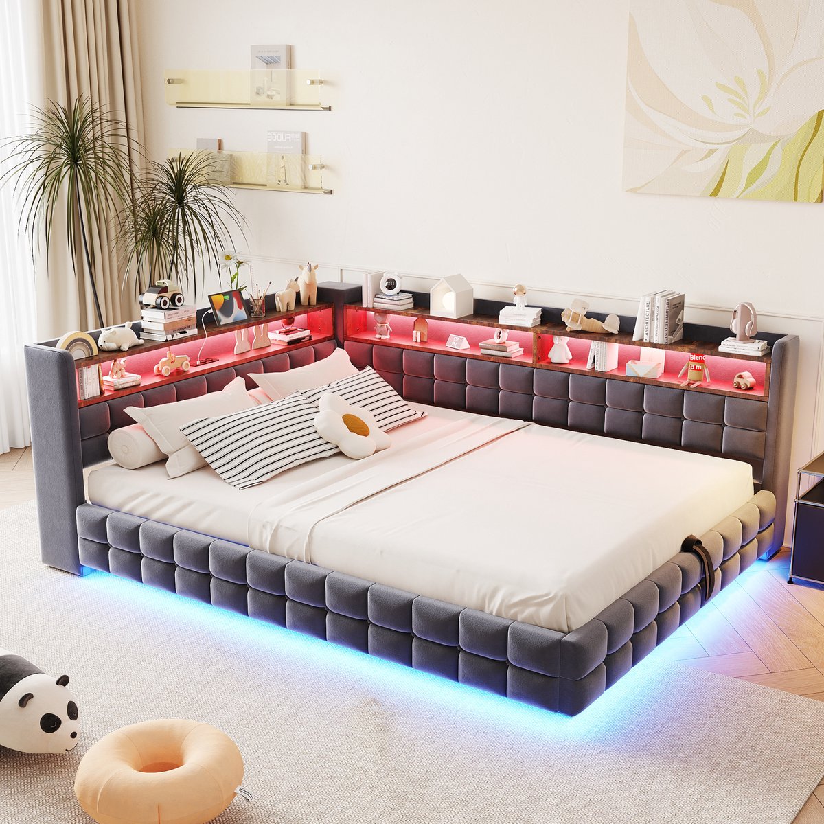 MODFU - Slaapbank - Opbergruimte - LED Verlichting - Grijs - 140 X 200 Cm