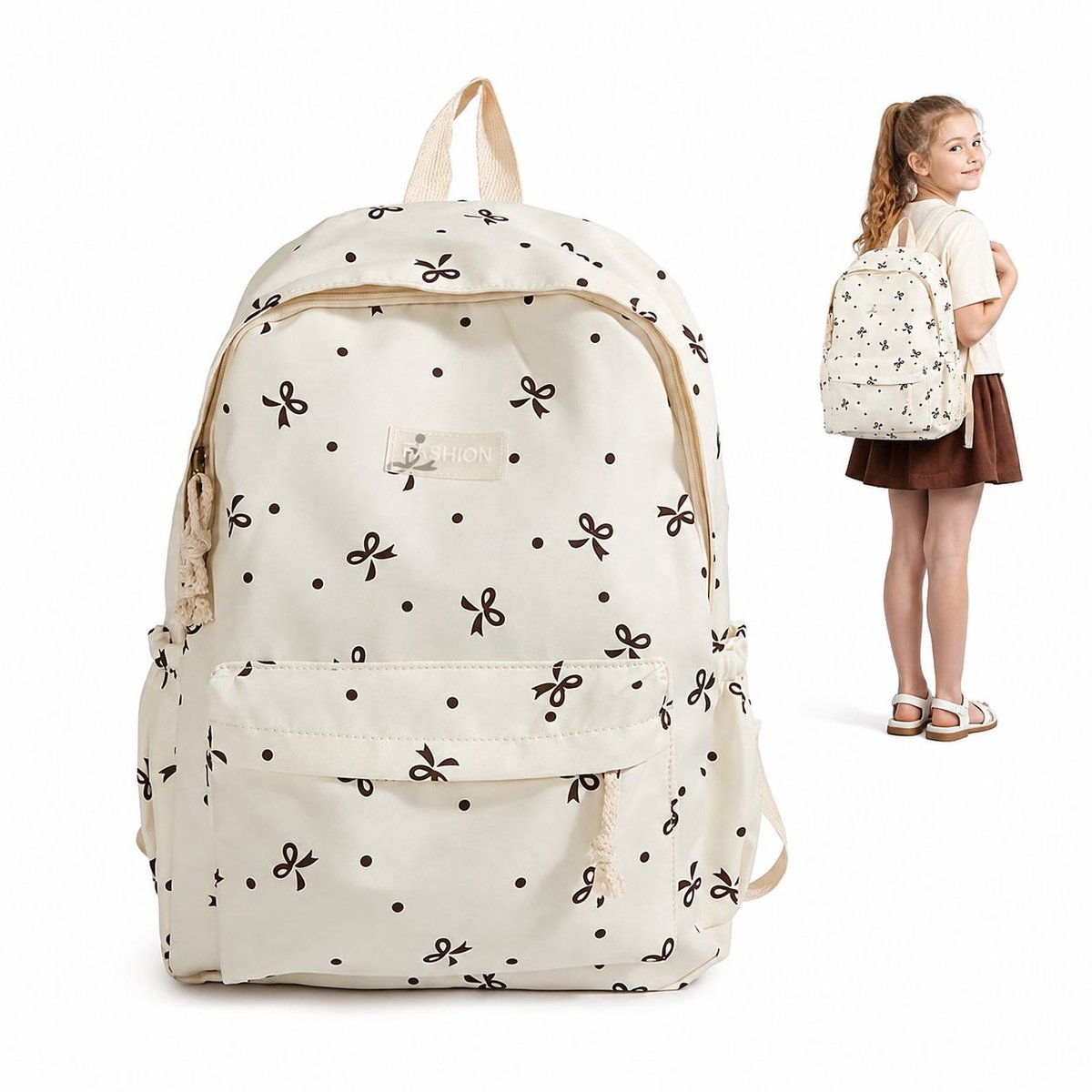 Rugzak - Schooltas Meisjes - Rugzak Kind - 31x13x42 cm - Laptop Rugzak voor Basisschool - Middelbare School - Boekentas met Strik - Cadeau Meisje - Beige（Bruine bloemen）