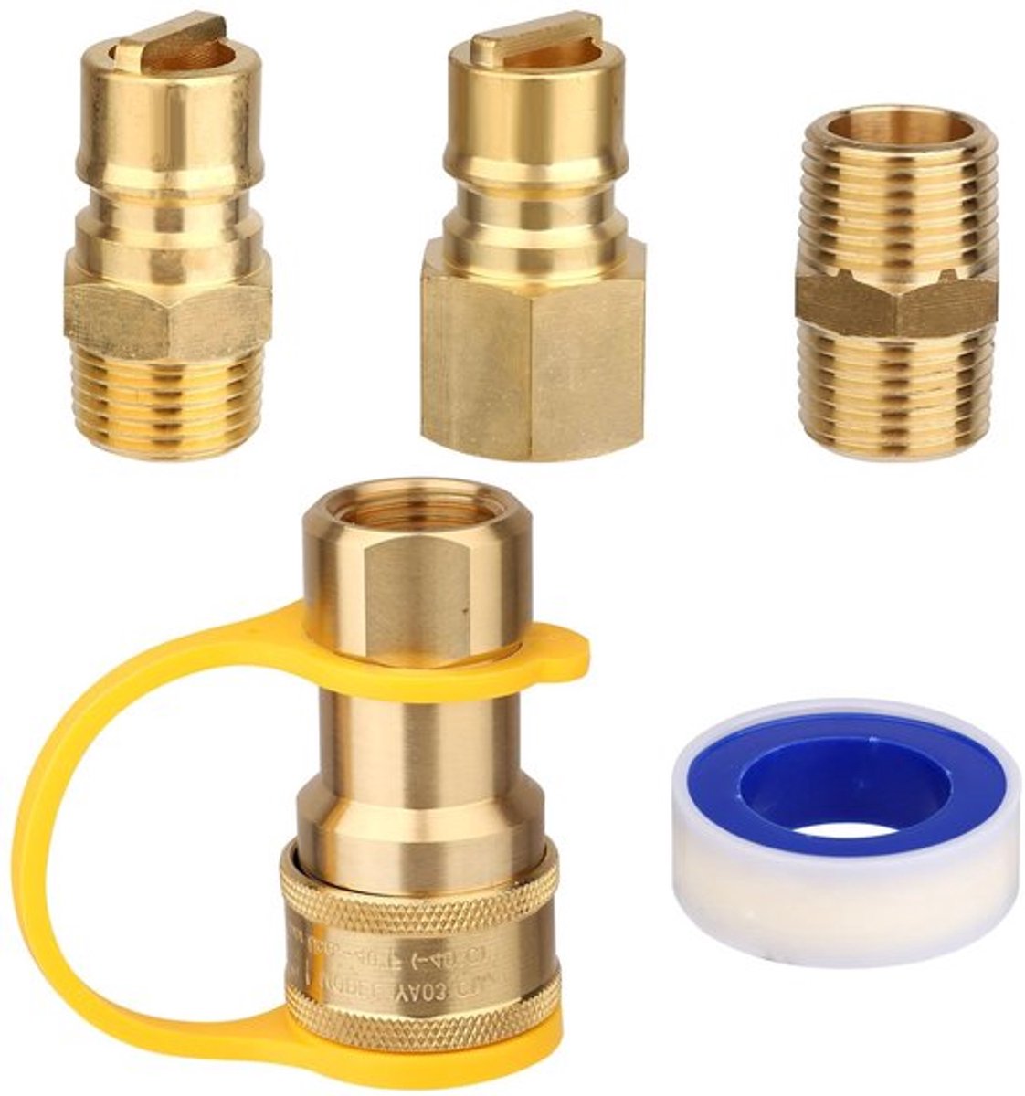 Snelkoppelingsfittingenset 5 Stuks - Aardgas Koppeling - Aardgasslang Aansluitpijp - Messing/Teflon - Praktische Verbindingsaccessoires - Goede Afdichting - Aansluitfitting