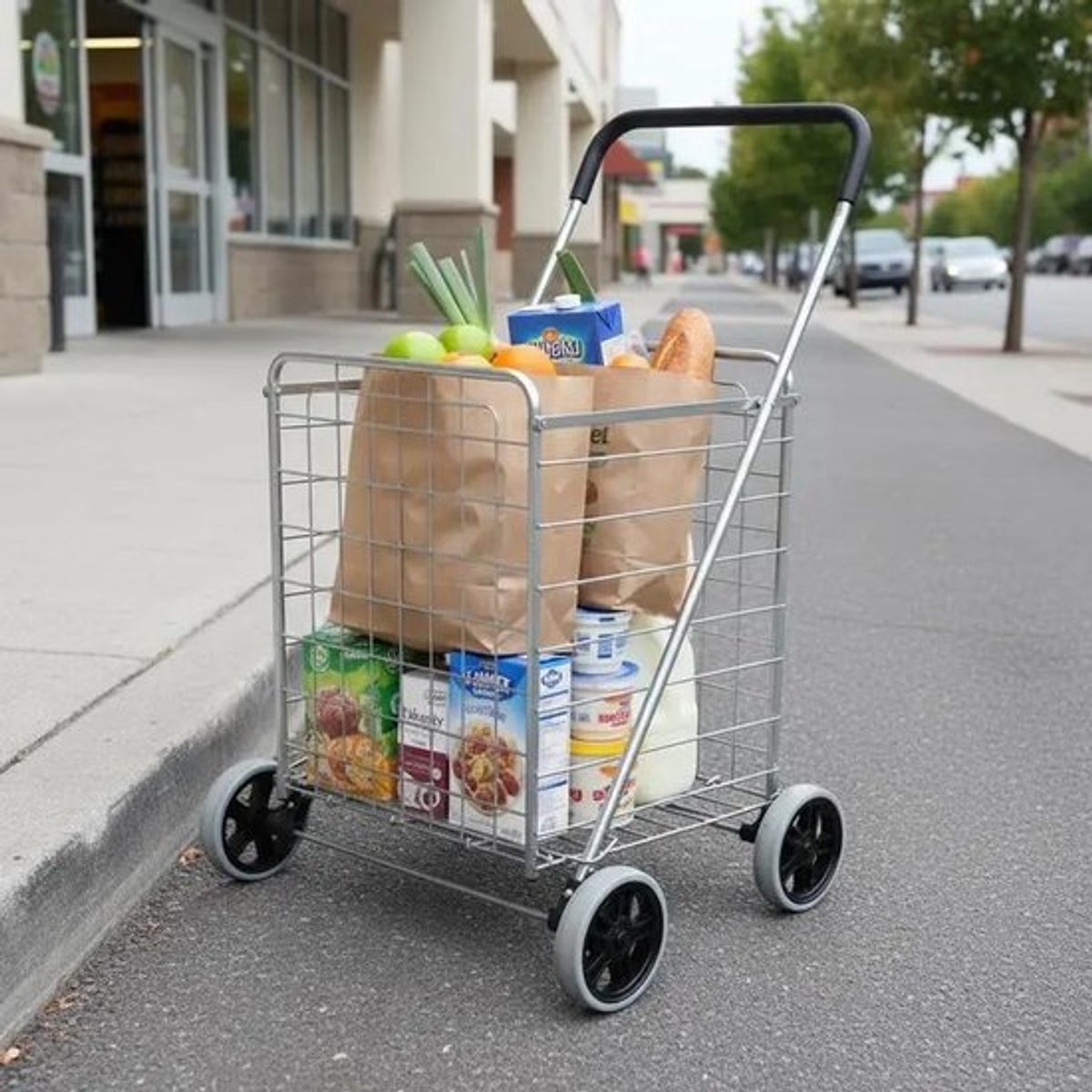 Winkelwagen Opvouwbare winkelwagen Trolley met wielen Zilver
