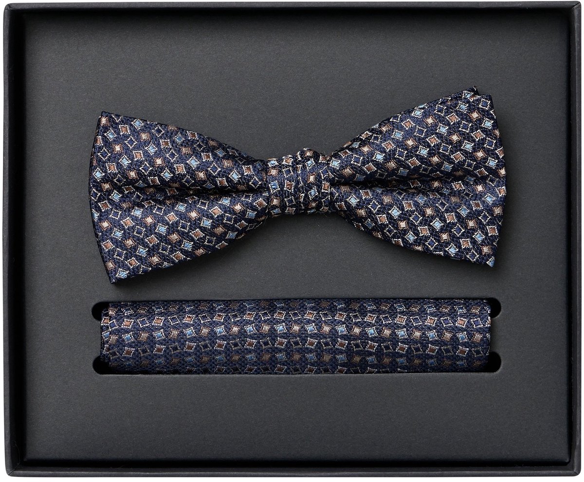 VENTI set met vlinderdas en pochet - donkerblauw - lichtblauw - bruin dessin
