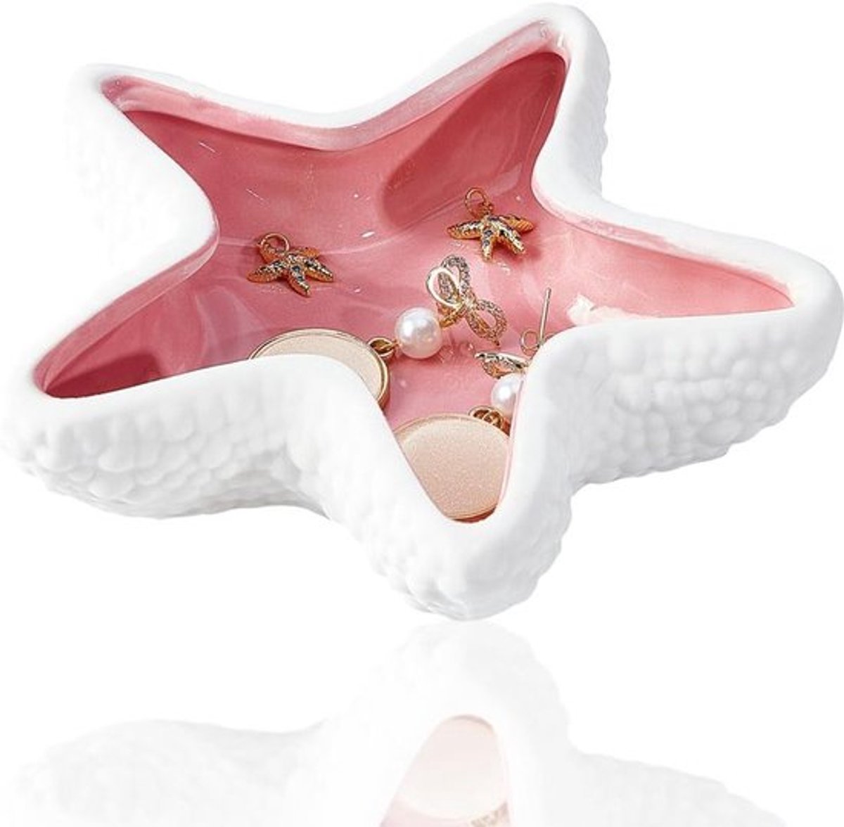 Sieradenhouder - Oceaanstijl - Roze - Decoratief - Accessoires - Geschikt voor Ringen en Oorbellen - Keramisch - Zeesterontwerp - Sieradenorganizer met Sleutelvak - Roze Woondecoratie