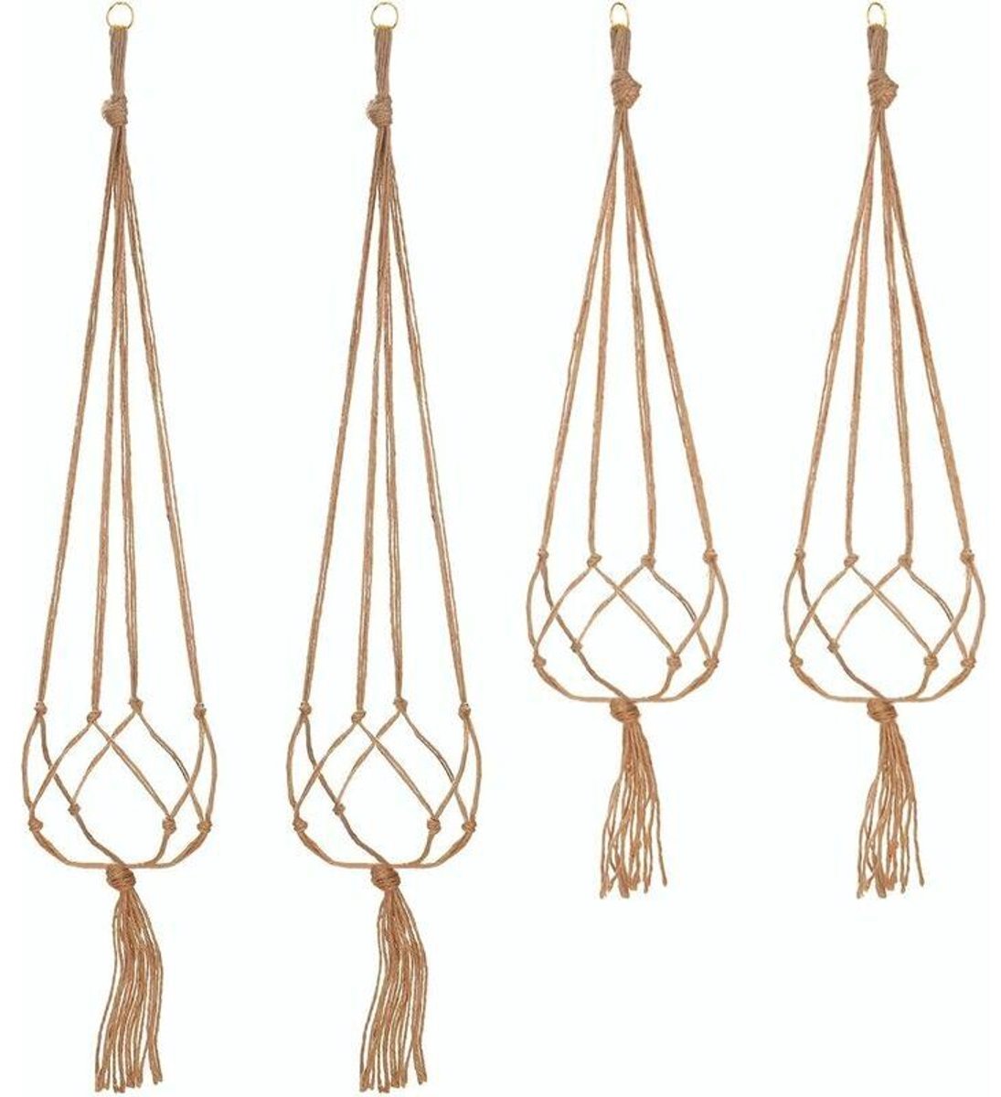Een set van 4 handgeweven hangende plantenmanden van touw, bloempotstandaards, decoratie geschikt voor binnen en buiten - 2 x 105 cm, 2 x 90 cm, totaal 120 cm.