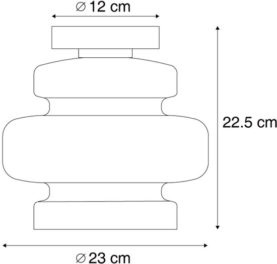 Technische tekening van de groene plafondlamp, met afmetingen Ø 12cm, 22.5cm, Ø 23cm.
