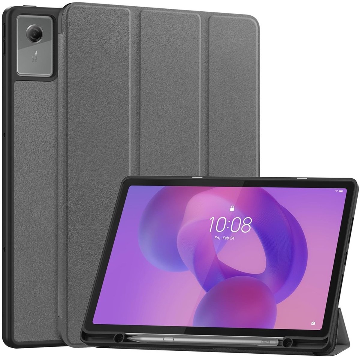 Coverup Tablethoes geschikt voor Lenovo Idea Tab Plus Hoesje - Tri-Fold Book Case met Wake/Sleep en Stylus-houder - Grijs