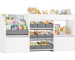 CINK & Co Speelgoedkast met boekenrek - 8 lades, 2 verrijdbare opbergbakken en 3 niveaus - Wit - 158 x 29,7 x 80 cm