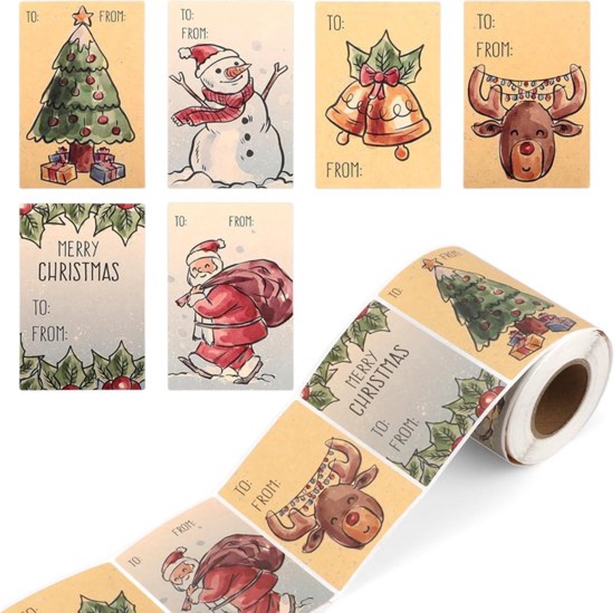 250 stuks Kerststickers - vellum-labels voor geschenken - Sneeuwman - Kerstbomen - Rendier - vintage stickers voor kerstcadeaus